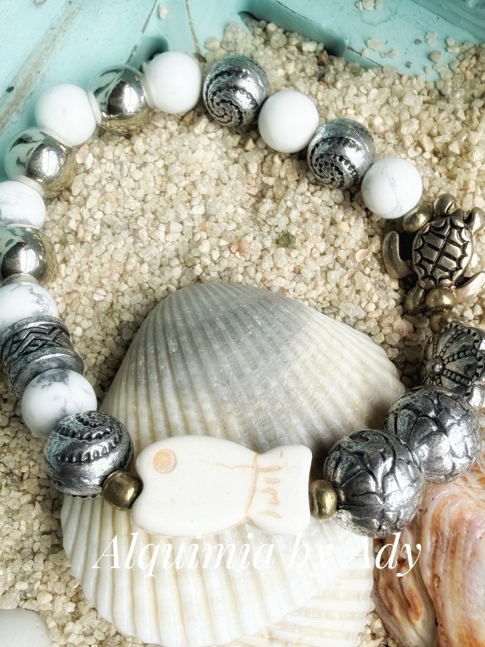 EXAGGERATED White TURQ and Silver Beaded Bracelet Turtle Shell and Fish charms